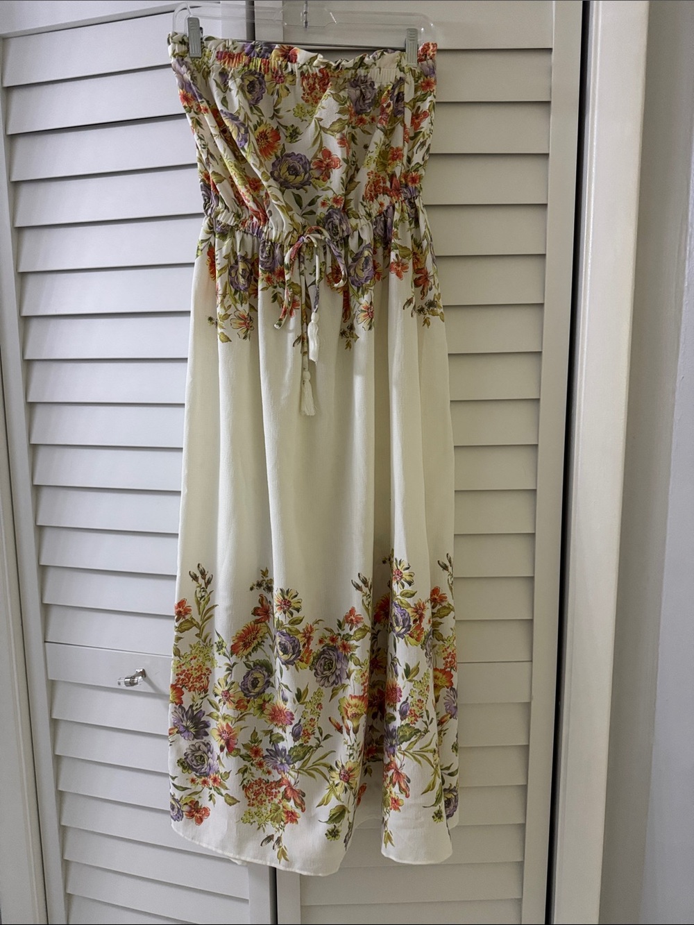 Cream Floral Strapless Maxi Dress with Tie Waist